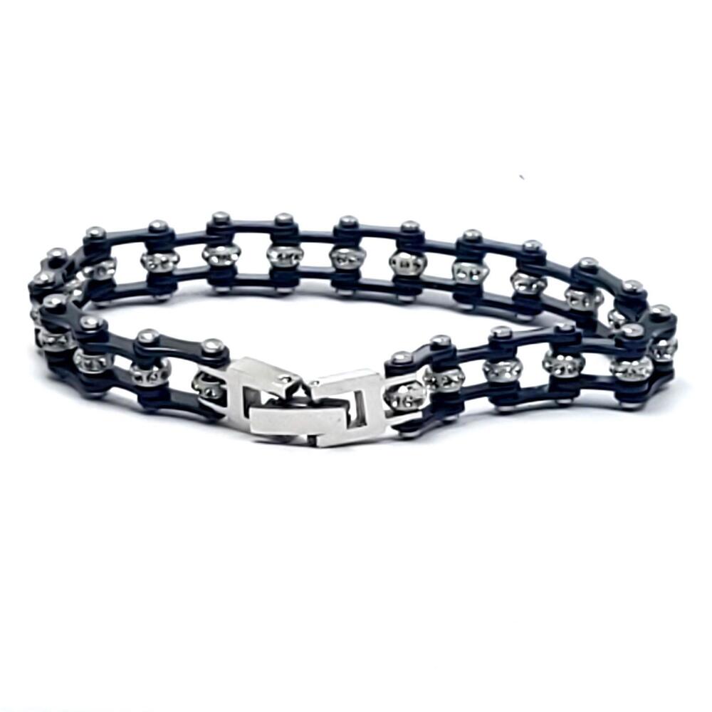 Ladies Stainless Gunmetal Mini Motorcycle Chain Style Tennis Bracelet Sparkle